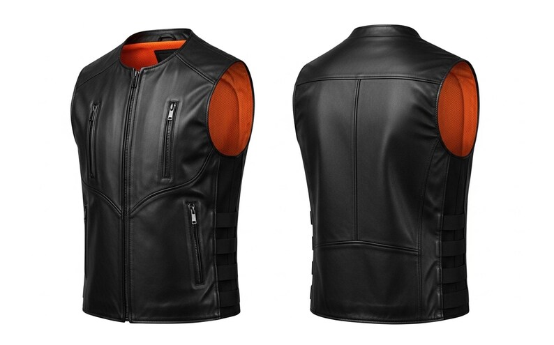Puede incluir: Chaleco de cuero negro con interior naranja, mostrado de frente y de espalda. El chaleco tiene cierre de cremallera, dos bolsillos con cremallera y costuras decorativas. La parte trasera tiene costuras verticales y correas ajustables.