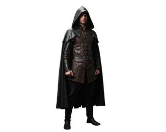 Brown Black Hooded Leather Cloak for Men | Medieval Ranger Costume | Gothic Steampunk Warrior Outfit | Fantasy Cosplay Cape