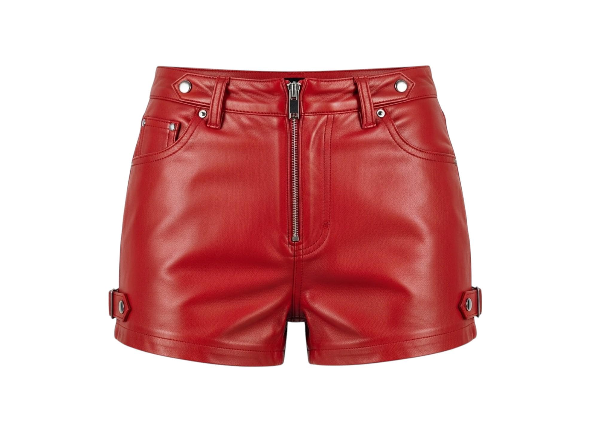 Red Genuine Leather High Waist Biker Shorts - Zip Front Moto Style