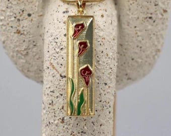 Gold Tulip Pendant Necklace - Handmade Gold Rectangle Flower Necklace - Gold Art Nouveau Pendant Necklace - Nature Inspired Floral Necklace