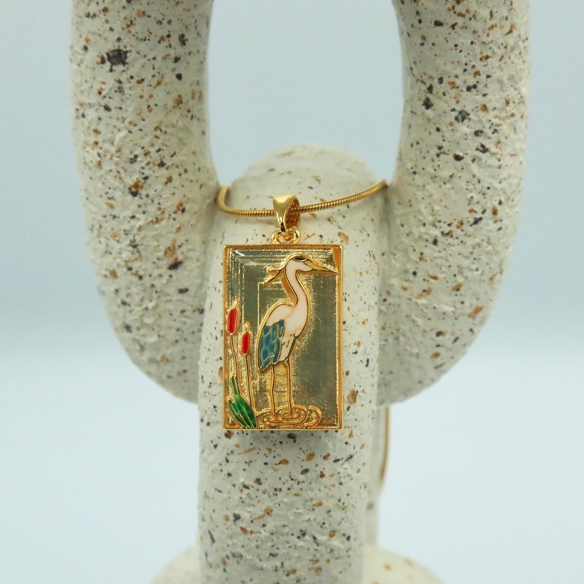 Gold Heron Pendant Necklace, Handcrafted Enamel Bird Jewelry with Nature Design, Gift for Wildlife Lovers, Art necklace, Gift For Her