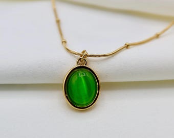 Gold Jade Necklace - Handmade Green Cat’s Eye Pendant Necklace – Gold Oval Statement Necklace - Birthstone Necklace - Multi Color Option