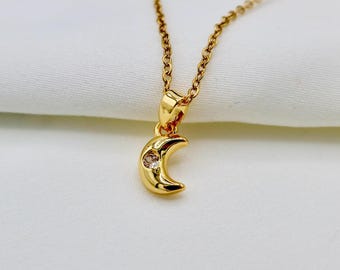 Gold Moon Necklace with Cubic Zirconia, Celestial Jewelry, Astrology Necklace, Everyday Jewelry, Moon Crescent Necklace, Mini Zodiac Jewelry