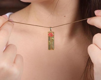 Gold Rose Pendant Necklace - Handmade Gold Floral Pendant - Rectangular Floral Necklace - Nature Lovers Jewelry - Art Nouveau Design Jewelry