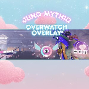 Puede incluir: Una superposición digital para el juego Overwatch, con un esquema de colores pastel, nubes rosas y un fondo de cielo azul. El texto "Juno Mythic Overwatch Overlay" se muestra de forma destacada. La superposición incluye elementos de la interfaz del juego.
