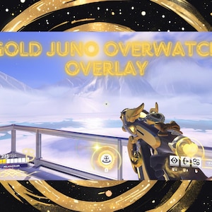 Puede incluir: Una superposición digital para el juego Overwatch, con un tema dorado y negro. Se muestra el texto "GOLD JUNO OVERWATCH OVERLAY". La imagen incluye un arma y un fondo de montaña nevada.