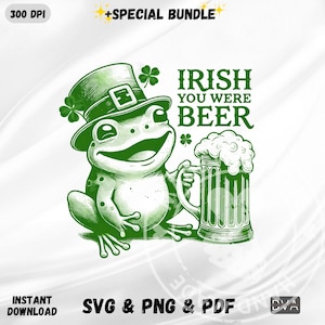 Puede incluir: Rana verde con un sombrero de duende verde sosteniendo un vaso de cerveza. El texto dice "Irish You Were Beer".