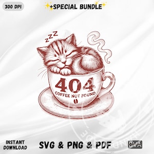 Pode incluir: Uma caneca de café vermelha com um gato dormindo dentro. A caneca tem o texto "404 Café não encontrado".