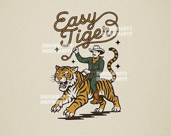 Tigre fácil PNG SVG, tigre vaquero, estética retro, ilustración de vaquero, archivo PNG transparente para sublimación, descarga digital