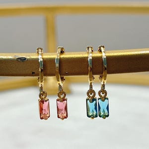 Fashion CZ Crystal Baquette Earrings • Huggie Hoop Dangle Earrings • Gift for Her • Bridesmaids Gift