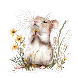 Adesivi senza bolle in stile matita acquerellabile con topo carino che tiene in mano un fiore