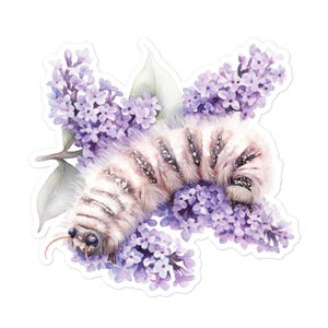 Stickers harige rups op lila bed, aquarelstijl, luchtbelvrije stickers