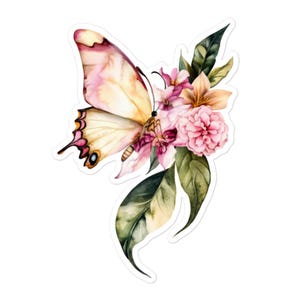 Stickers sans bulles papillon sur feuilles florales de style aquarelle