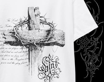 Gothic Cross Graphic T-Shirt | Christian Streetwear Tee | Faith Grunge Shirt | Saint Aesthetic Tee