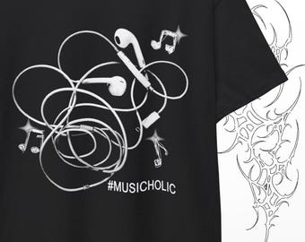 Music Lover Graphic T-Shirt | Wired Earphones Tee | Y2K Streetwear Shirt | Grunge Monochrome Tee