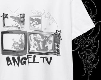 Y2K Graphic T-Shirt | Angelcore Streetwear Tee | Retro TV Grunge Shirt | Monochrome Alternative Tee