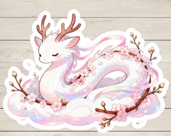 Pegatina de dragón rosa y blanco de ensueño