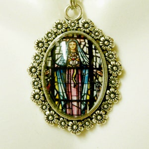 Miraculous medal stained glass window pendant with chain - AP05-192