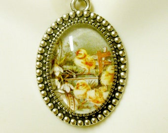 Easter chicks with snowdrops pendant and chain - AP05-399