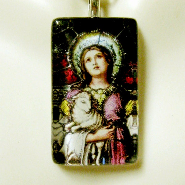 Saint Agnes stained glass window pendant with chain - GP09-066