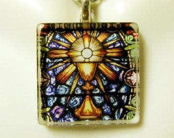 Chalice and host stained glass window pendant with chain - GP02-161