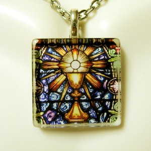 Chalice and host stained glass window pendant with chain - GP02-161