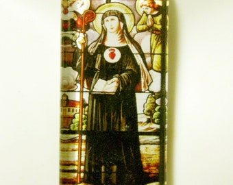 Saint Gertrude, patron saint of cats and gardeners, glass pendant with chain - GP01-056