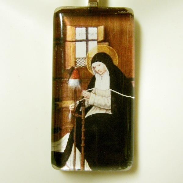 Saint Gertrude, patron saint of cats and gardeners, glass pendant with chain - GP01-055