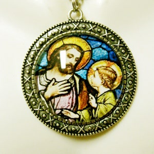 Jesus with a child stained glass window pendant and chain - AP26-039