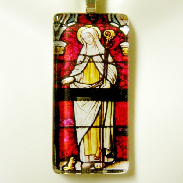 Saint Gertrude, patron saint of cats and gardeners, glass pendant with chain - GP01-022
