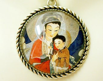 Chinese Madonna and child stained glass window pendant and chain - AP25-111