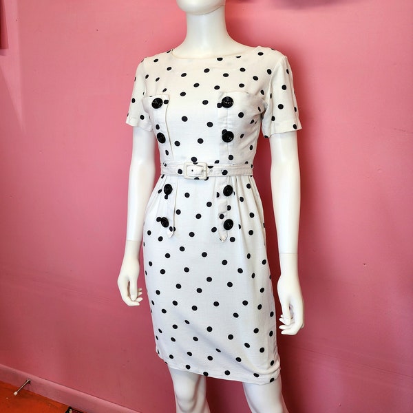 Size XS, 24" waist | Vintage 1950's Black and White Polka Dot Belted Wiggle Dress