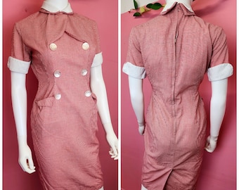 Maat XS tot Small | Vintage rood geblokte en witte Peter Pan-jurk met kraag uit de jaren 1950