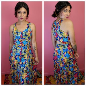 Size Small Medium Vintage 1990&#39;s Rayon Tropical Floral Button Front Midi Dress