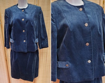 Vintage 1960's *Petite 26" waist* Dusty Blue Corduroy Suit Blazer and Skirt Matching Set | Size XS