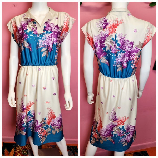 Size Medium to XL | Vintage 1970's Purple and Blue Floral Day Dress by Ms. Claire New York