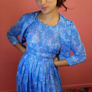 Size Small Medium Vintage 1950&#39;s Blue Lilac Floral Pleated Dress with Bolero