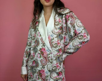 Vintage 1990's Victoria's Secret Gold Label Satin Paisley Floral Double Breasted Night Shirt Robe