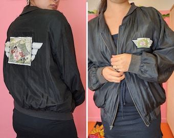 Vintage 1996 Betty Boop Sentimental Journey Rose of the West 100% Silk Bomber Jacket | Size Large