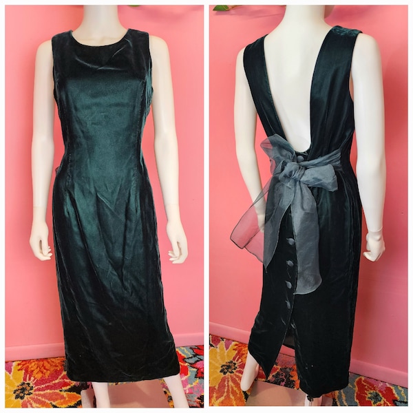 Size Small to Medium | Vintage 1980's/1990's Dark Emerald Green Velvet Gown with Low Back, Button Up Back, and Large Bow by Datiani