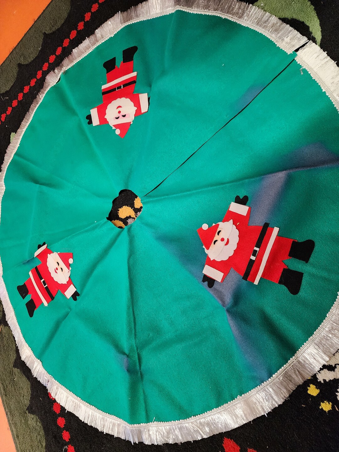 Vintage Midcentury Green Felt Santa Tree Skirt With Silver Tinsel