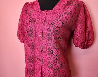 Size Small to Medium | Vintage late 1970's Hot Pink Lace Flower Balloon Sleeves Button Up Blouse by Pitchfork Brand