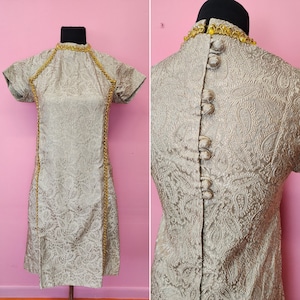 Vintage 1960&#39;s Custom Made Brocade Tan Dress with Gold Trim and Gems | Rare One-of-a-Kind | Size Small
