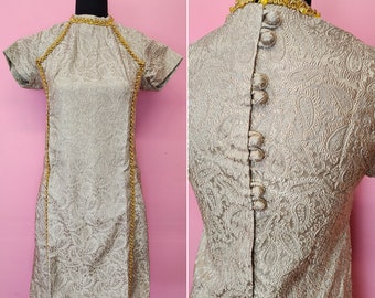 Vintage 1960's Custom Made Brocade Tan Dress with Gold Trim and Gems | Rare One-of-a-Kind | Size Small