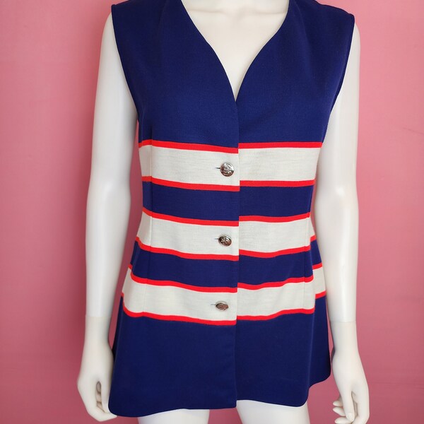 Size Large | Vintage 1970's Navy Blue Red and White Striped Button Up Vest by Fire Islander