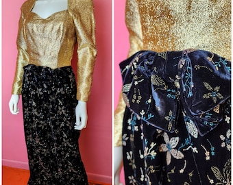 Size XS | Vintage 1980's Gold Sparkle Lurex and Black Velvet Embroidered Long Sleeve Evening Gown with Bow