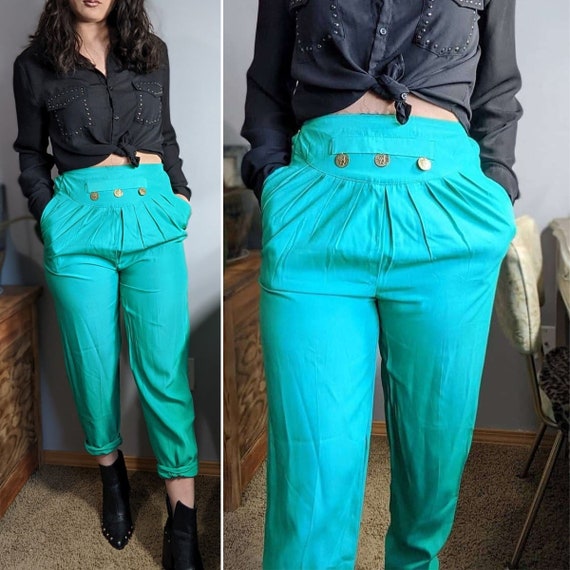 Vintage 1990’s Bright Kelly Green Loose Trousers … - image 1