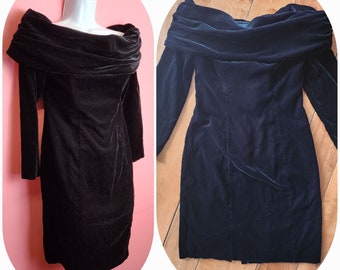 Vintage 1980's / 1990's Black Velvet Ruched Cowl Off the Shoulder Cocktail Dress | Size S