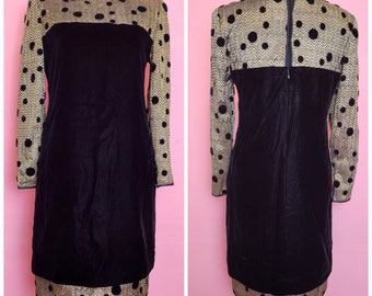 Vintage 1980's Cocktail Dress Black Velvet with Metallic Gold and Polka Dots | Size Medium