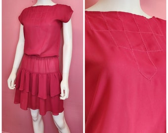 Size Small | Vintage Late 1970's Contempo Casuals Hot Pink Magenta Semi-Sheer Ruffle Dress